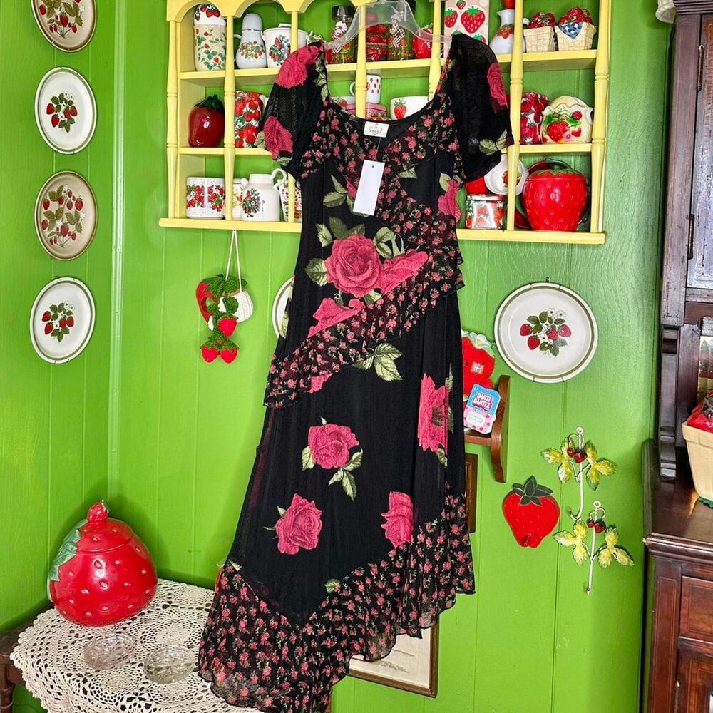 BNWT Ember y2k grunge whimsigoth floral rose print ruffle fairycore midi dress!